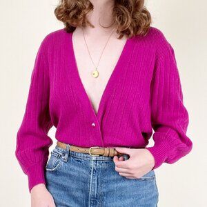 Vintage Lambswool & Angora Hair Ribbed Knit Cardigan Sweater Puffed Poof Sleeves